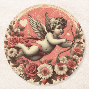 Klassischer/Retro-Cupid zum Valentinstag Runder Pappuntersetzer