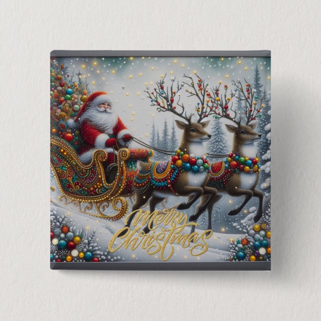 Klassischer/Retro-Weihnachtsmann & Rentiere Button (Vorderseite)