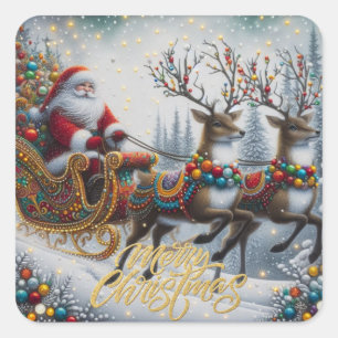 Klassischer/Retro-Weihnachtsmann & Rentiere Quadratischer Aufkleber