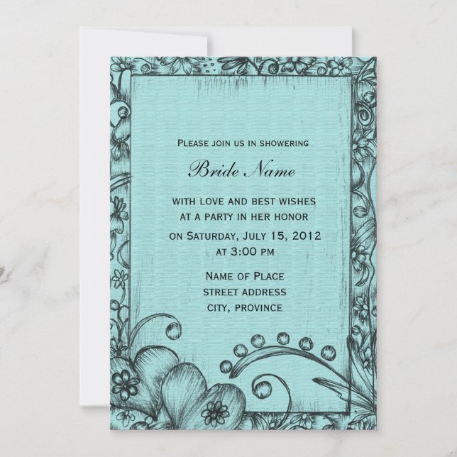 Klassischer, Retroblau und schwarz blühender Braut Einladung (Vorderseite)