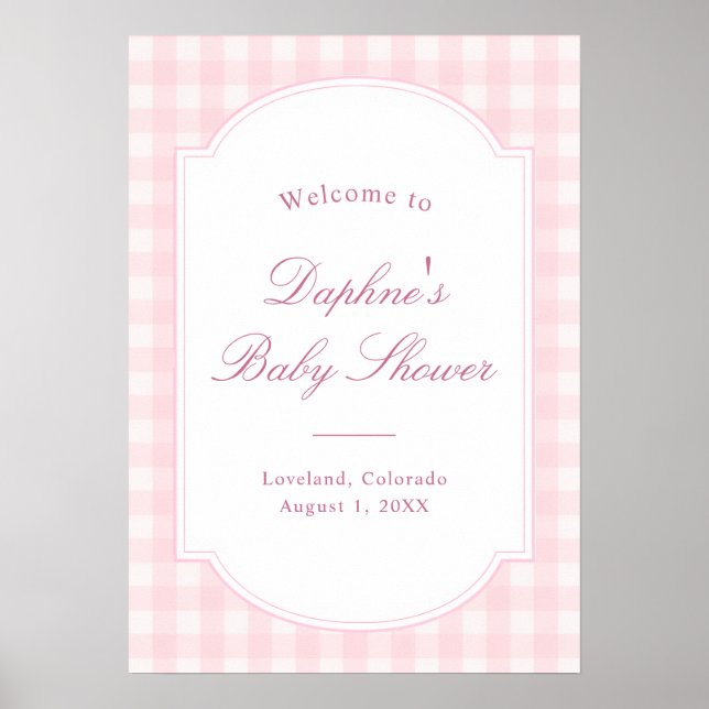 Klassischer rosa Gingham-Baby-Shower-Willkommen Poster (Vorne)