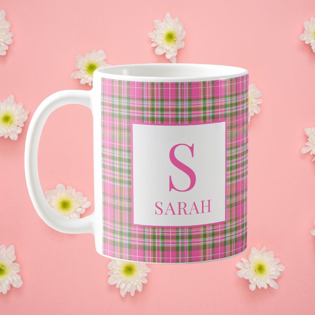 Klassischer rosa Tartan-Karo-Monogramm-Name Kaffeetasse (Classic Pink Tartan Plaid Monogram Name Coffee Mug
)