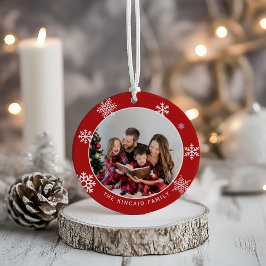 Klassischer roter Schneeflocken-Familienfoto-Schmu Keramik Ornament