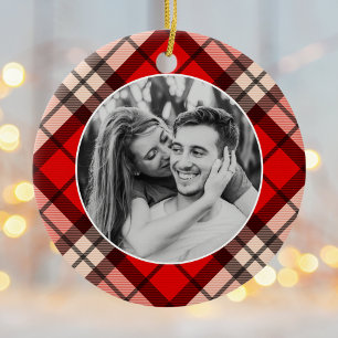 Klassischer roter Tartan-Karostoff-Foto-Feiertag Keramik Ornament