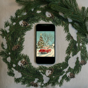 Klassischer roter Vintage-Autoweihnachtsbaum Dorf Feiertagskarte