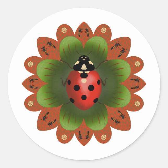 Klassischer Rundaufkleber mit Ladybug auf rot & gr Runder Aufkleber (Vorderseite)