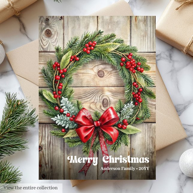 Klassischer rustikaler Weihnachtskiefern-Kranz mit Feiertagskarte (Classic rustic Christmas pine wreath holly berries Holiday Card)