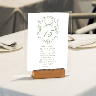 Klassischer Salbeigrüner Blumenwappen-Hochzeitssit Tischnummer