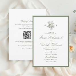 Klassischer Salbeigrüner Monogramm-QR-Code-Hochzei Einladung