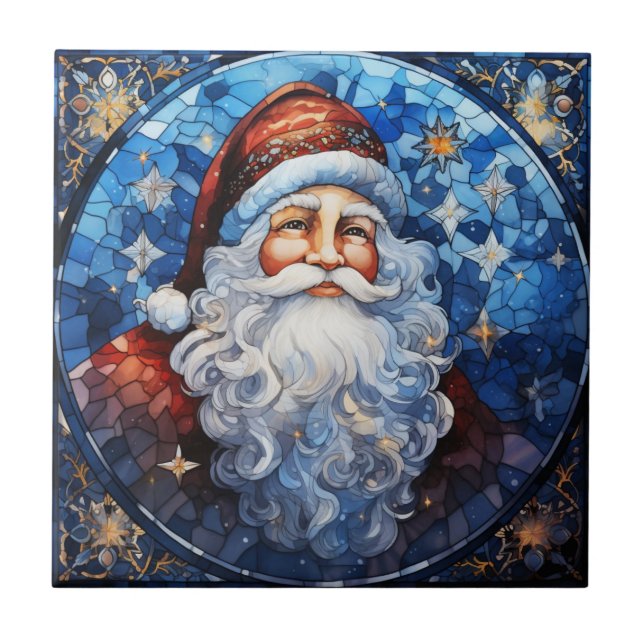 Klassischer Santa Claus Blaufestglas Fliese (Vorderseite)