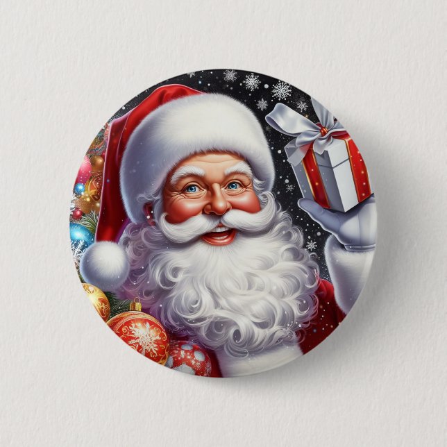 Klassischer Santa mit Gegenwart und Ornamenten Button (Vorderseite)
