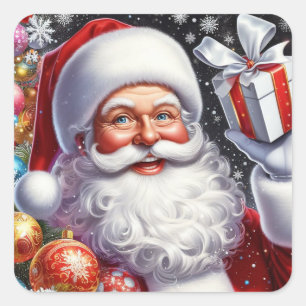 Klassischer Santa mit Gegenwart und Ornamenten Quadratischer Aufkleber