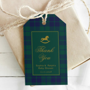 Klassischer Schaukelpferd-Baby-Shower-Karo-Dankesc Geschenkanhänger