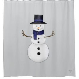 Klassischer Schneemann mit dunkelblauem Schal auf Duschvorhang