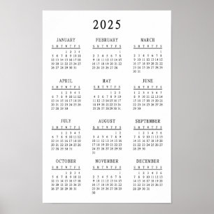 Klassischer Schwarz-Weiß-2025-Einfach-Basis-Kalend Poster