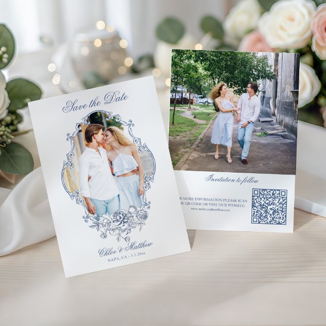 Klassischer Staubblauer Blumenfoto-Rahmen Hochzeit Save The Date (Von Creator hochgeladen)