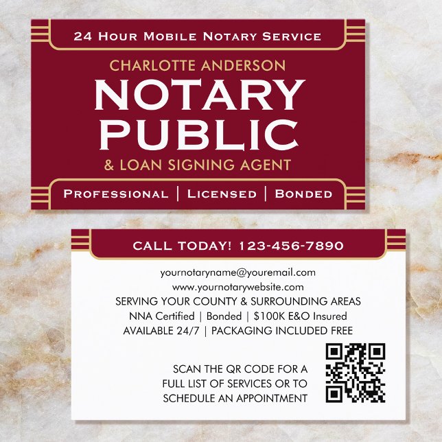 Klassischer Stil Mobile Notary Public ID Burgundy Visitenkarte (Von Creator hochgeladen)