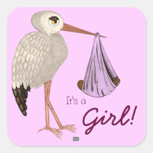 Klassischer Storch (Rosa) 2 (Babydusche) Quadratischer Aufkleber