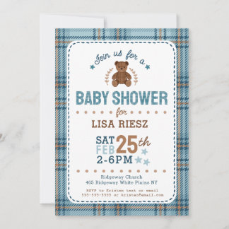 Klassischer Tartan-Karo-Teddybär-Baby-Shower Einladung