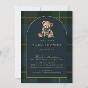 Klassischer Teddybär Grün & Blau Kariert Baby Show Einladung