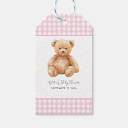 Klassischer Teddybär Rosa Gingham-Baby-Party Geschenkanhänger