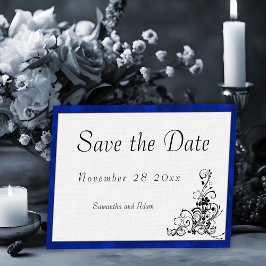 Klassischer Velvet Rahmen Blau und Weiß Hochzeit Save The Date