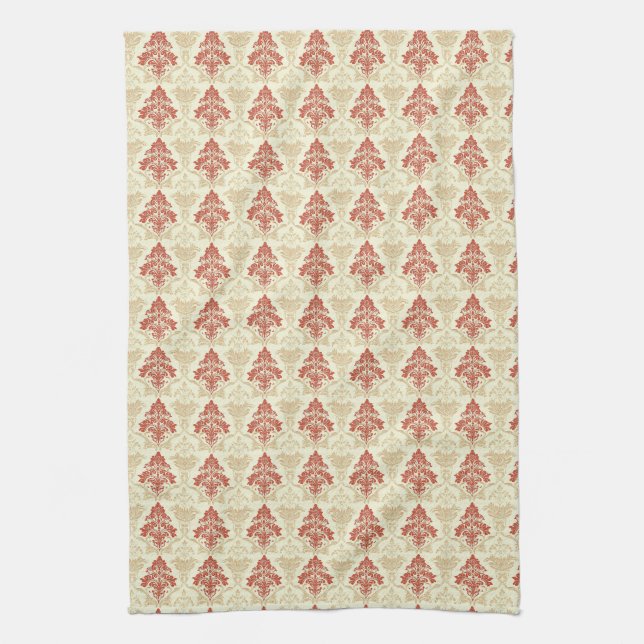 Klassischer Vintage-Damaskus Rot Grün Beige Geschirrtuch (Vertikal)