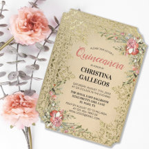 Klassischer Vintage-Gold-Rosa-Blumen-Quinceanera