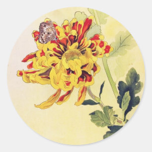 Klassischer vintage Ukiyo-e Chrysantheme Schmetter Runder Aufkleber