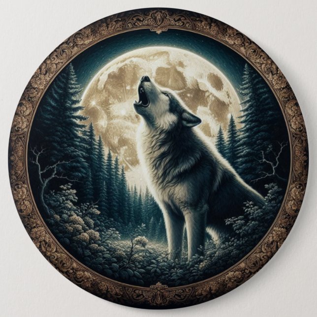Klassischer, vintage Wolf & Mond Button (Vorderseite)