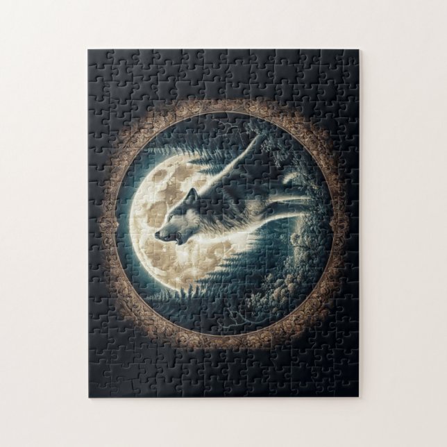 Klassischer, vintage Wolf & Mond Puzzle (Vertikal)