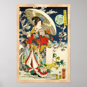 Klassischer Vintager ukiyo-e geisha mit Schirm Poster