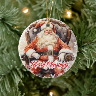Klassischer Vintager Weihnachtsmann auf einem Stuh Keramik Ornament