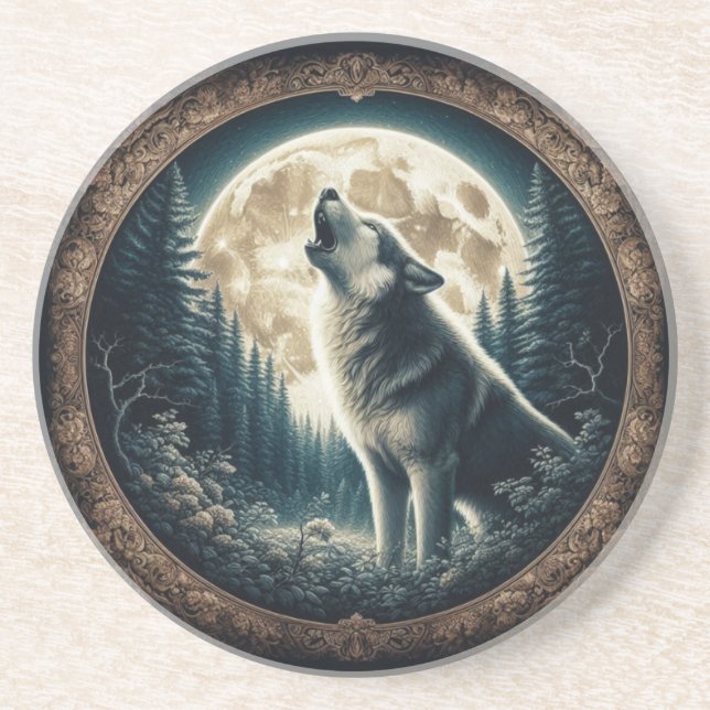 Klassischer, Vintager Wolf und Mond Getränkeuntersetzer (Vorne)