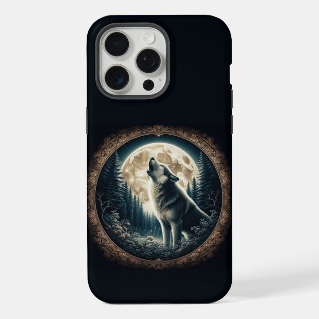 Klassischer, Vintager Wolf und Mond iPhone Hülle (Rückseite)