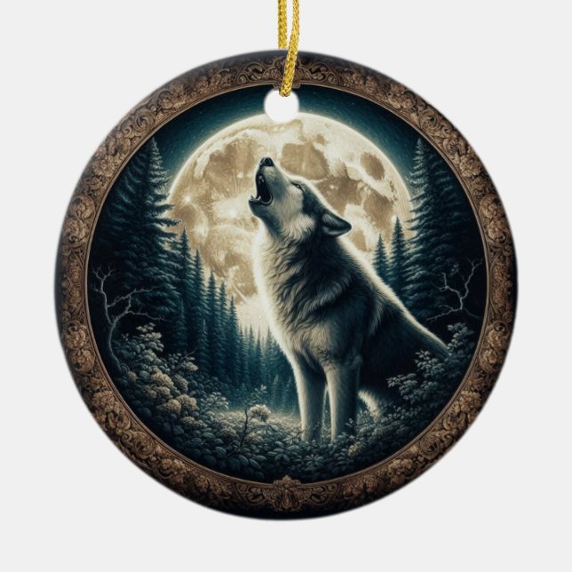 Klassischer, Vintager Wolf und Mond Keramik Ornament (Vorne)