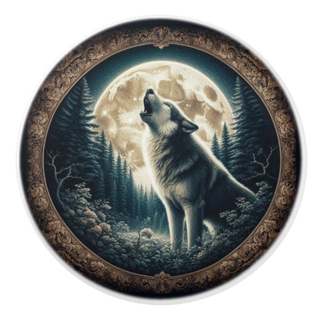Klassischer, Vintager Wolf und Mond Keramikknauf (Vorderseite)