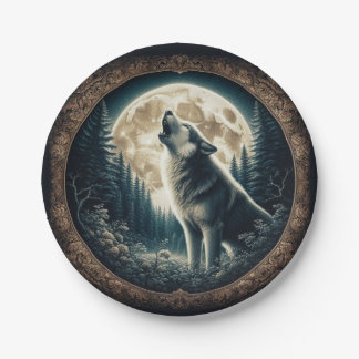 Klassischer, Vintager Wolf und Mond Pappteller