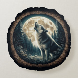 Klassischer, Vintager Wolf und Mond Rundes Kissen