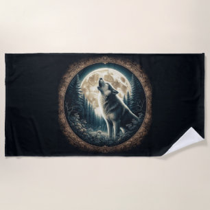 Klassischer, Vintager Wolf und Mond Strandtuch