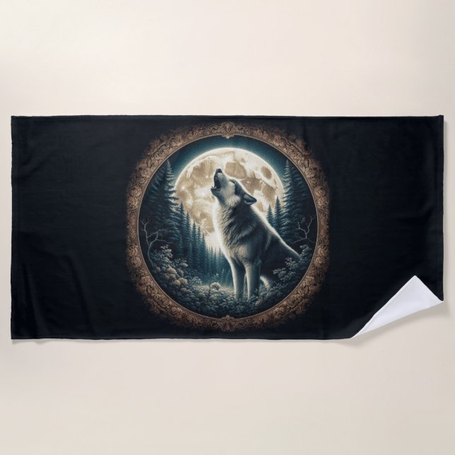 Klassischer, Vintager Wolf und Mond Strandtuch (Vorderseite)