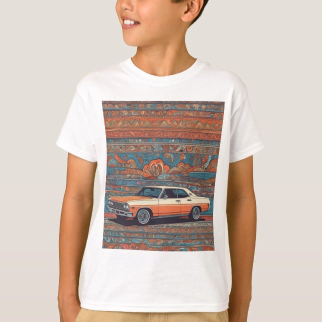 Klassischer Wagen mit blauem und orangefarbenem Mu T-Shirt (Vorderseite)