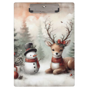 Klassischer Wald-Weihnachtshirsch/Schneemann Klemmbrett