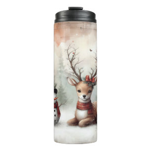 Klassischer Wald-Weihnachtshirsch/Schneemann Thermosbecher