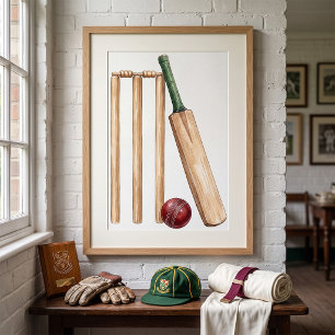 Klassischer Wasserfarb-Cricket-Schläger und -Ball Poster