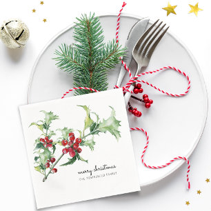 Klassischer Wasserfarben-Weihnachts-Stechpalmen-Be Serviette
