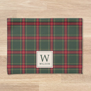 Klassischer Weihnachts-Karo-Familienname-Monogramm Geschirrtuch