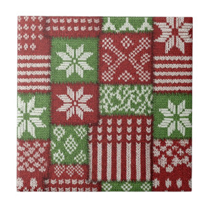 Klassischer Weihnachts-Patchwork-Strick - Rot, Grü Fliese