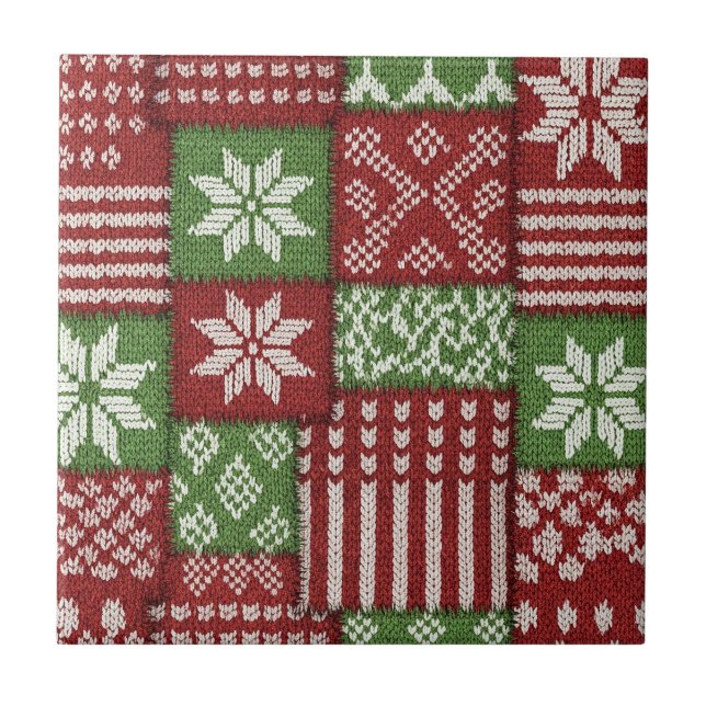 Klassischer Weihnachts-Patchwork-Strick - Rot, Grü Fliese (Vorderseite)