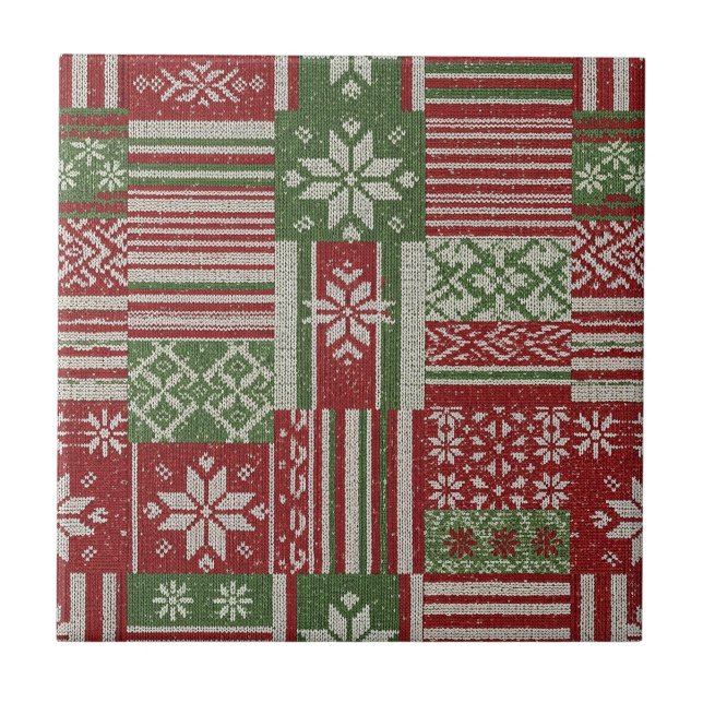 Klassischer Weihnachts-Patchwork-Strick - Rot, Grü Fliese (Vorderseite)